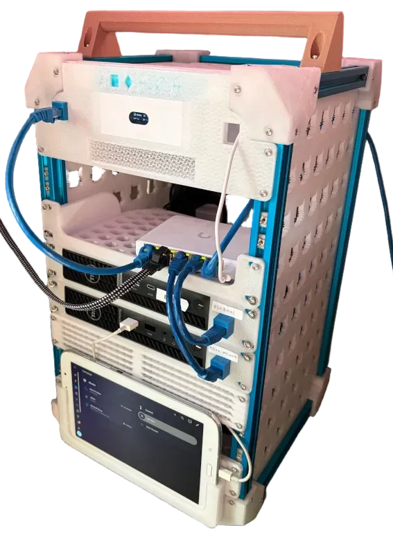 The mini rack with networking, computers, and storage